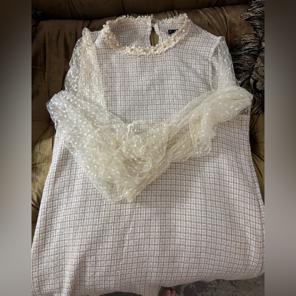 Elegant Cream and White Dress with Pearl Details